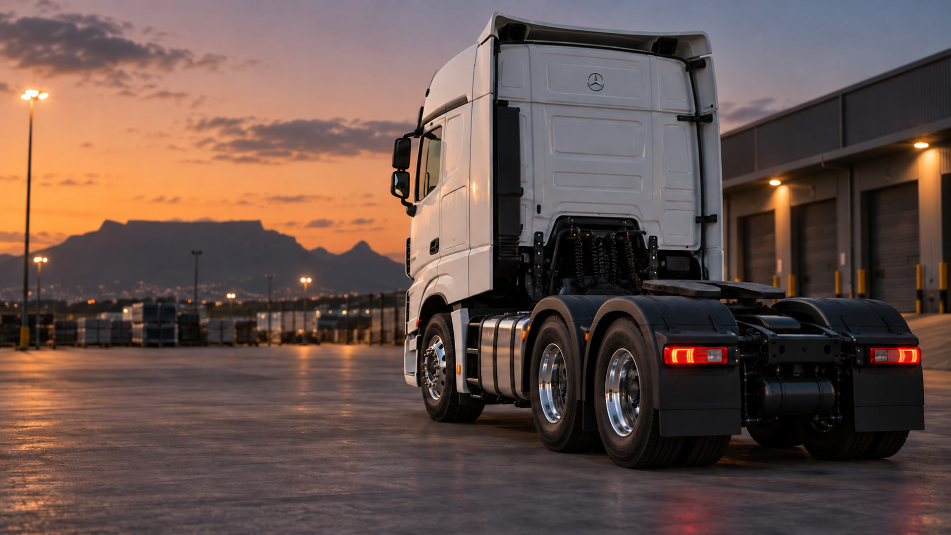 White Mercedes-Benz truck-tractor prepared at a depot