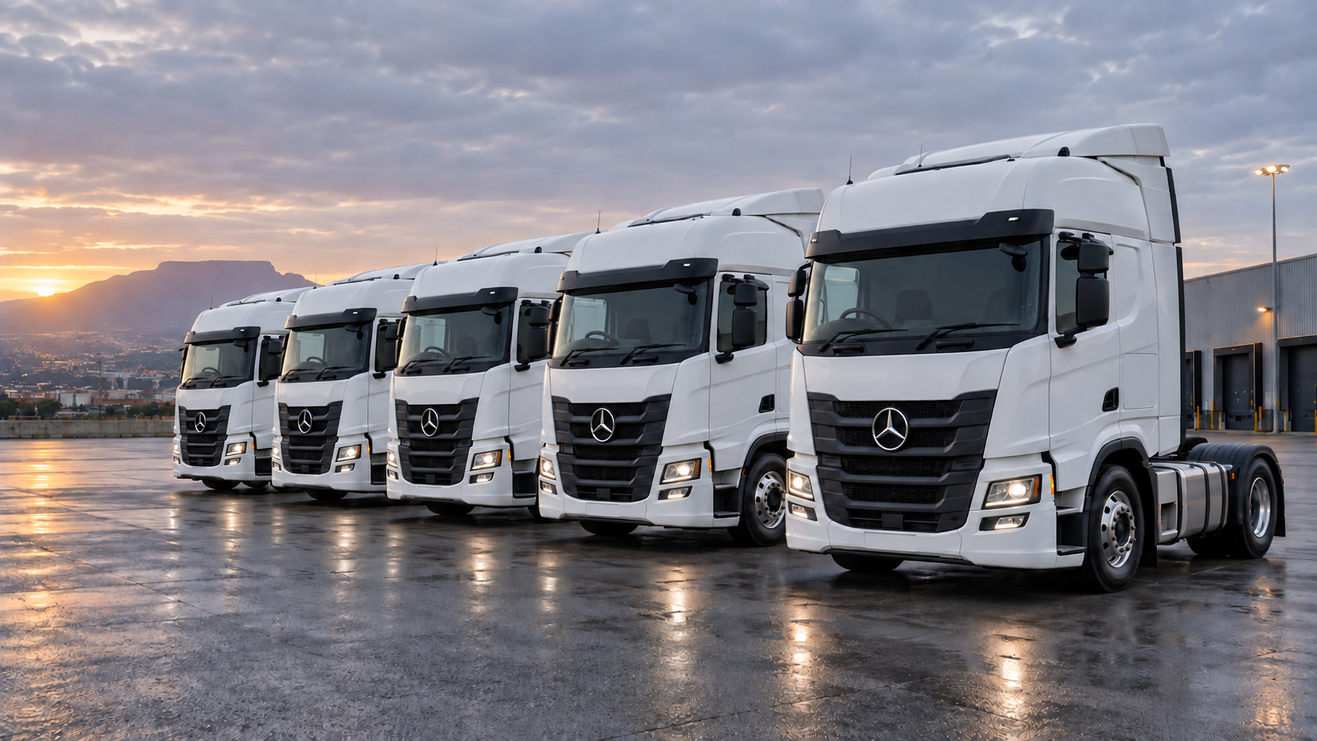Five white Mercedes-Benz truck-tractors lined up at a South African logistics depot