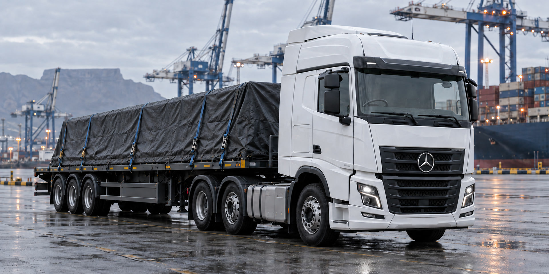 Right-hand-drive white Mercedes-Benz truck with secured industrial cargo on a flatbed at a port