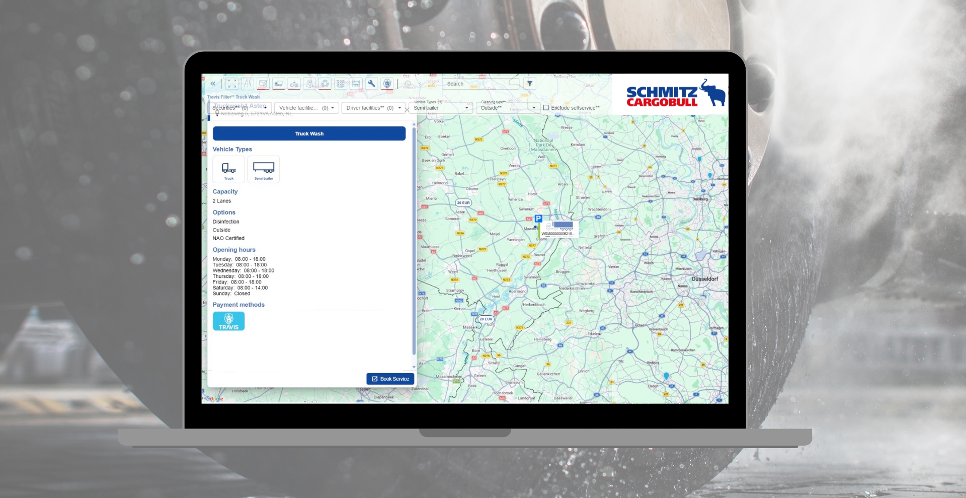 Schmitz Cargobull TrailerConnect interface showing TRAVIS service booking